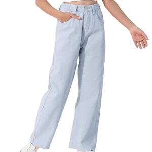 thefabland Girls Casual Denim Pants High Waisted Wide Leg Jeans with Pocket Light Blue