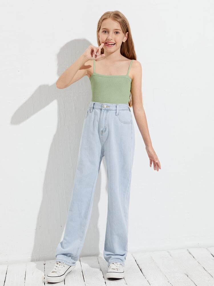 thefabland Girls Casual Denim Pants High Waisted Wide Leg Jeans with Pocket Light Blue