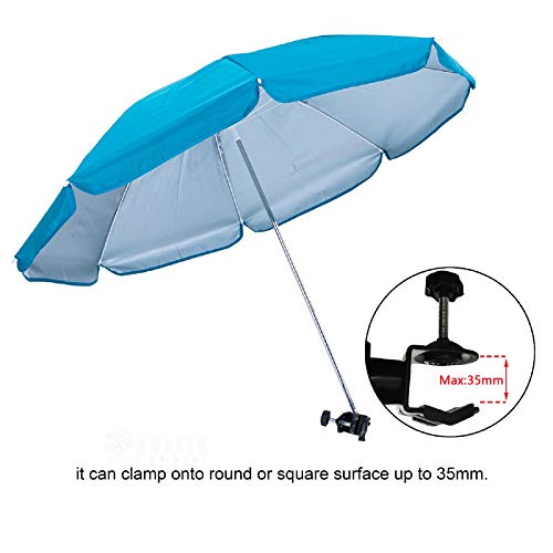 AMMSUN 2 PCS Chair Umbrella with Clamp 43 inches UPF 50+,Portable Clamp on Patio Chair,Beach Chair,Stroller,Sport chair,Wheelchair and Wagon,Bright Blue,2 Pack