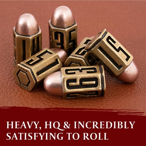 Bullet Metal Dice Set - Six Brass D6 Dices - Great for DND, Warhammer 40k, Role Playing Homebrews, D&D, Great RPG/Dungeons and Dragons/D and D Accessories Gifts. Can Use with Dice Tray/Tower