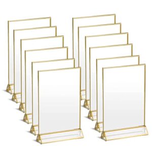 uniqooo acrylic sign holders with golden border, portrait view, pack of 12 | 5x7 double sided clear frame, perfect for wedding reception, centerpiece, decoration, party,anniversary, event