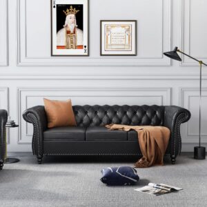 oncin chesterfield sofa leather for living room, 3 seater sofa tufted couch faux leather with rolled arms and nailhead for living room, bedroom, office, apartment (black)