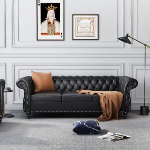 ONCIN Chesterfield Sofa Leather for Living Room, 3 Seater Sofa Tufted Couch Faux Leather with Rolled Arms and Nailhead for Living Room, Bedroom, Office, Apartment (Black)