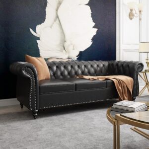 ONCIN Chesterfield Sofa Leather for Living Room, 3 Seater Sofa Tufted Couch Faux Leather with Rolled Arms and Nailhead for Living Room, Bedroom, Office, Apartment (Black)