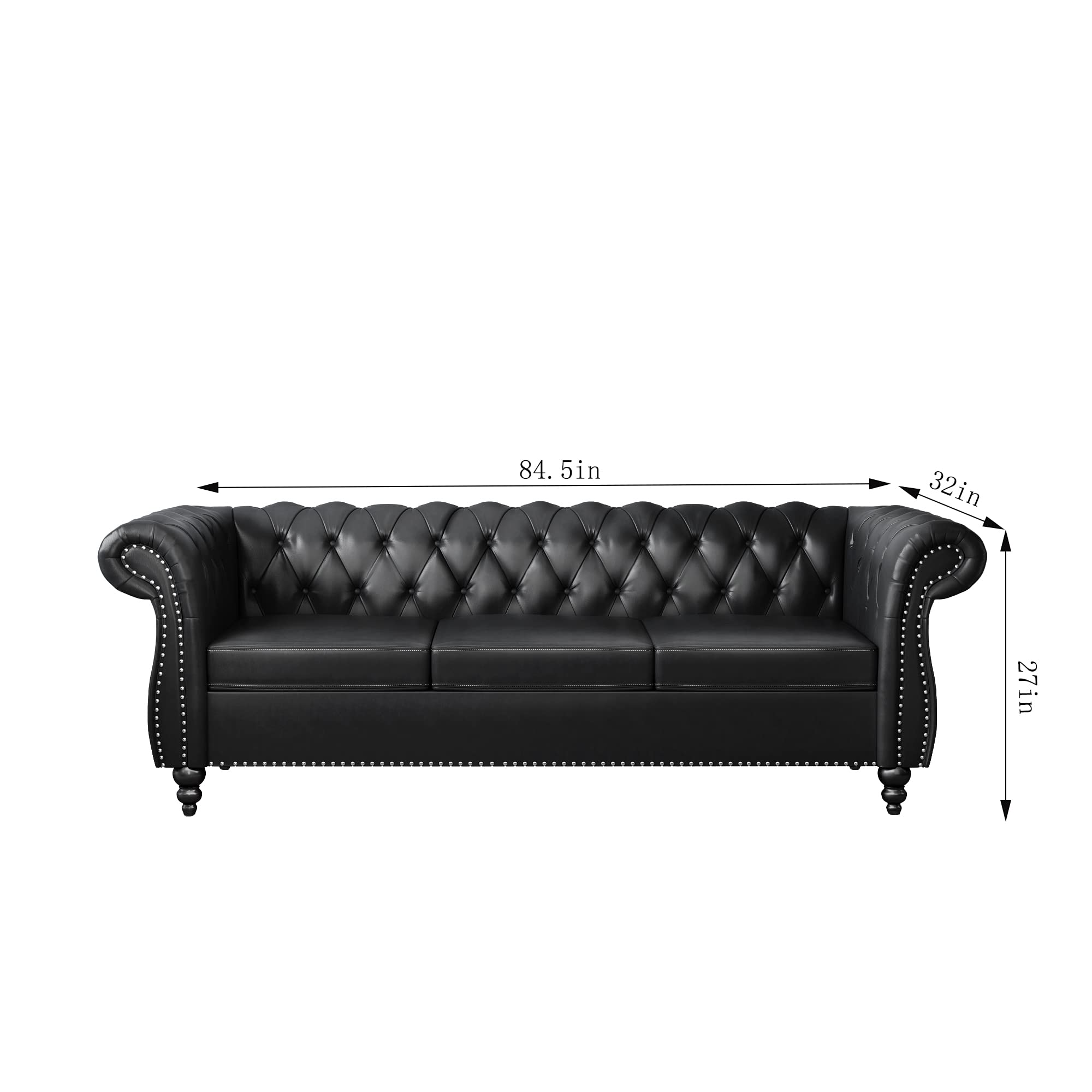 ONCIN Chesterfield Sofa Leather for Living Room, 3 Seater Sofa Tufted Couch Faux Leather with Rolled Arms and Nailhead for Living Room, Bedroom, Office, Apartment (Black)