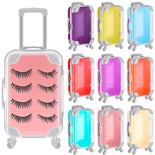 12 Pack Mini Suitcase Favor Box False Eyelashes Packaging Box Plastic Rolling Empty Lash Boxes Trolley Tiny Suitcase Miniature Candy Box for Travel Theme Parties and Celebrations, 9 Colors