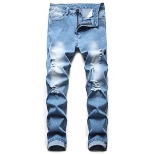 men's jeans slim fit tapered leg ripped stretch flex pants skinny cut distressed classic light blue young fashion denim（5331-32）