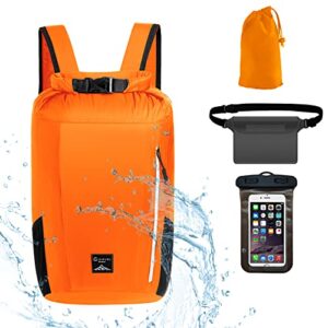 waterproof backpack lightweight dry bags, 20l roll top dry sack with phone case waist pouch set for kayaking, hiking, swimming,beach,camping, fishing,boating & rafting for men & women (orange)