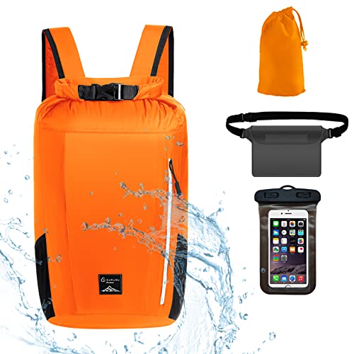 Waterproof Backpack Lightweight Dry Bags, 20L Roll Top Dry Sack with Phone Case Waist Pouch Set for Kayaking, Hiking, Swimming,Beach,Camping, Fishing,Boating & Rafting for Men & Women (Orange)