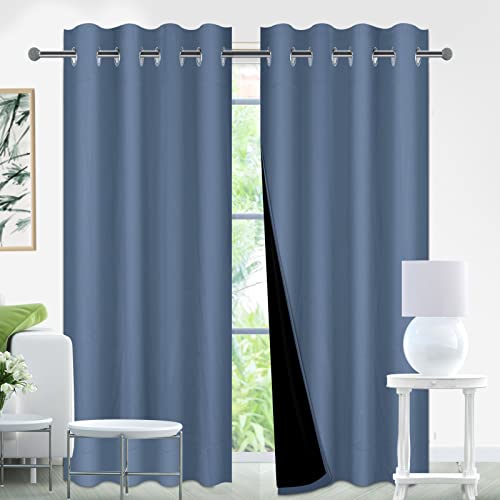 Magichome Grey Blue Blackout Curtains for Bedroom 63 Length, Thermal Insulated Full Light Blocking Curtain Drapes with Black Liner, Noise Reducing Draping Durable Grommet Curtains, 42" x 63", 2 Panels