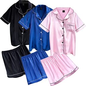 xpudac women's silk satin pajama 3 sets pajama set for women loungewear sleepwear set short sleeve button shirt top with shorts pj set mother s day gift ideas(large, black.navy,pink)