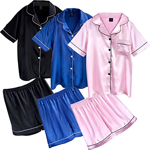 XPUDAC Women's Silk Satin Pajama 3 Sets Pajama Set for Women Loungewear Sleepwear Set Short Sleeve Button Shirt Top with Shorts PJ Set Mother s Day Gift Ideas(Large, Black.Navy,Pink)