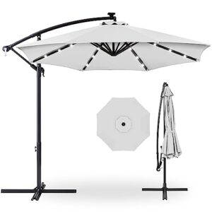 best choice products 10ft solar led offset hanging market patio umbrella for backyard, poolside, lawn and garden w/easy tilt adjustment, polyester shade, 8 ribs - fog gray