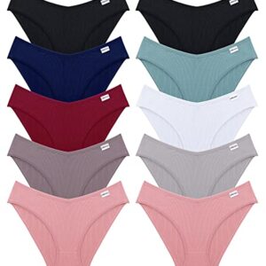 FINETOO 10 Pack Womens Underwear Cotton Cute Low Rise Bikini Rib Cheeky Panties Sexy V-shaped waistband Hipster S-XL