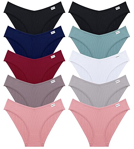 FINETOO 10 Pack Womens Underwear Cotton Cute Low Rise Bikini Rib Cheeky Panties Sexy V-shaped waistband Hipster S-XL