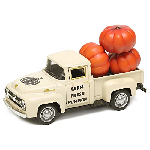 NEWLIGHTURE Mini Harvest Metal Farm Truck with 3 Pumpkins, Fall Farmhouse Vintage Diecast Truck Decor Model for Tiered Tray Home Décor 4.8inch