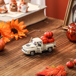 NEWLIGHTURE Mini Harvest Metal Farm Truck with 3 Pumpkins, Fall Farmhouse Vintage Diecast Truck Decor Model for Tiered Tray Home Décor 4.8inch
