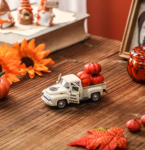 NEWLIGHTURE Mini Harvest Metal Farm Truck with 3 Pumpkins, Fall Farmhouse Vintage Diecast Truck Decor Model for Tiered Tray Home Décor 4.8inch