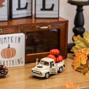 NEWLIGHTURE Mini Harvest Metal Farm Truck with 3 Pumpkins, Fall Farmhouse Vintage Diecast Truck Decor Model for Tiered Tray Home Décor 4.8inch