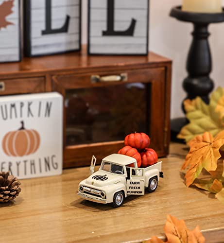 NEWLIGHTURE Mini Harvest Metal Farm Truck with 3 Pumpkins, Fall Farmhouse Vintage Diecast Truck Decor Model for Tiered Tray Home Décor 4.8inch