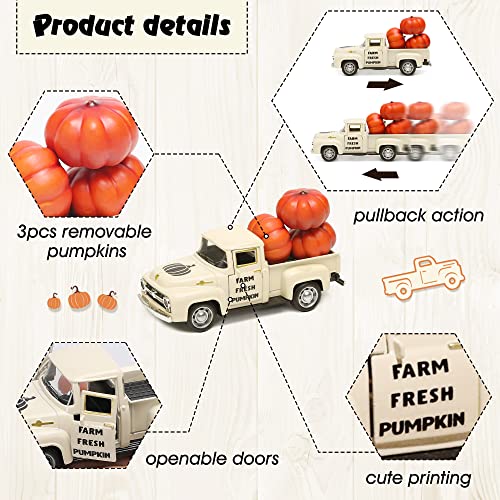 NEWLIGHTURE Mini Harvest Metal Farm Truck with 3 Pumpkins, Fall Farmhouse Vintage Diecast Truck Decor Model for Tiered Tray Home Décor 4.8inch