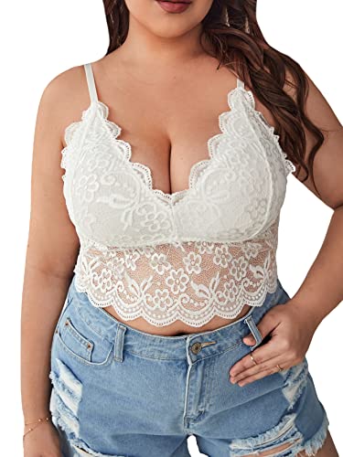 SOLY HUX Women's Plus Size Sexy Floral Lace Scalloped Trim Wireless Bra Adjustable Strap V Neck Everyday Bralette Plain White 2XL