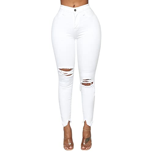 LONGYIDA Women's High Rise Ripped Skinny Jeans Stretch Slim Fit Distressed Destroyed Denim Ankle Pants(White,L)