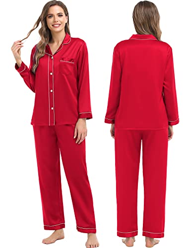 SWOMOG Womens Silk Satin Pajamas Set Long Sleeve Loungewear 2 Piece Sleepwear Button Down Casual Pj Set Red
