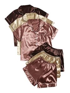 shein women's pajamas set 6pcs silk satin short sleeve top elastic waist shorts sleepwear loungewear pink khaki brown medium