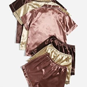 SheIn Women's Pajamas Set 6pcs Silk Satin Short Sleeve Top Elastic Waist Shorts Sleepwear Loungewear Pink Khaki Brown Small