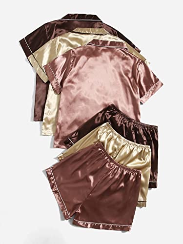 SheIn Women's Pajamas Set 6pcs Silk Satin Short Sleeve Top Elastic Waist Shorts Sleepwear Loungewear Pink Khaki Brown Small