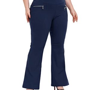 Inno Plus Size Dress Pants Women Bootcut Dress Pants Stretchy High Waisted Pull-on Slacks with Zipper Pockets Business Casual Work, Navy, XXL, 28" Inseam