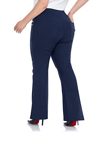 Inno Plus Size Dress Pants Women Bootcut Dress Pants Stretchy High Waisted Pull-on Slacks with Zipper Pockets Business Casual Work, Navy, XXL, 28" Inseam