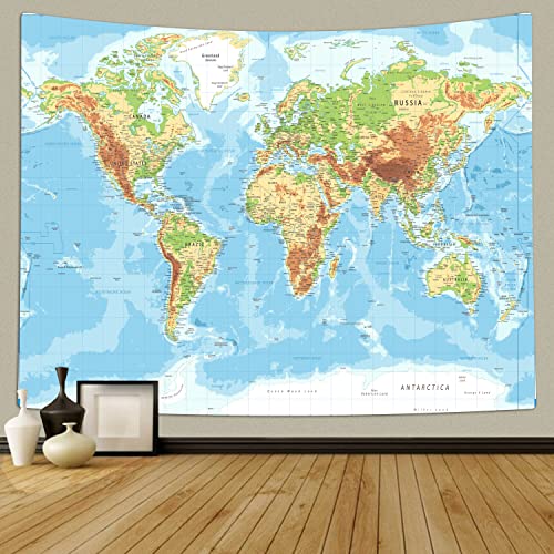 TOMOZ World Map Tapestry, Detailed Blue Ocean Natural Physical Map and Cities Tapestry Wall Hanging Geographic Educational Tapestry for Bedroom Living Room Dorm Office Classroom Decor 60 x 51Inch