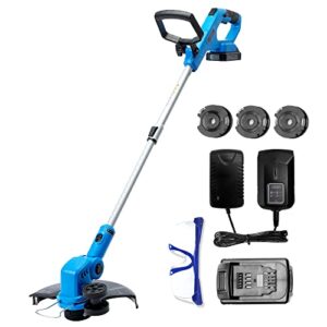 wisetool weed wacker battery powered, cordless string trimmer & edger, 12 inch weed eater with 3 spools, edger lawn tool with 90 degree adjustable head, 20v 2.0ah battery and fast charger included