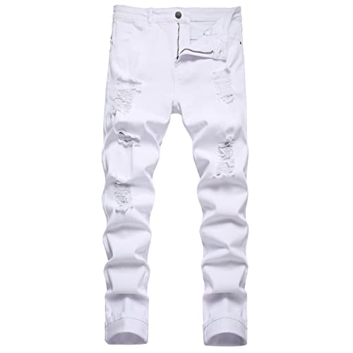 QIMYUM Mens Ripped Jeans, Distressed Destroyed Slim Fit Straight Leg Denim Pants (40, white7021)