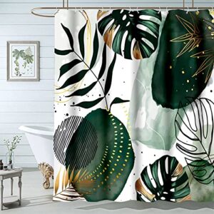 Famiffty Abstract Shower Curtain Green Chic Boho Shower Curtain 72 x 72 Inch Tropical Leaves Minimalist Simple Watercolor Fancy Modern Bathroom Decor Waterproof Polyester Fabric 12 Pack Plastic Hooks