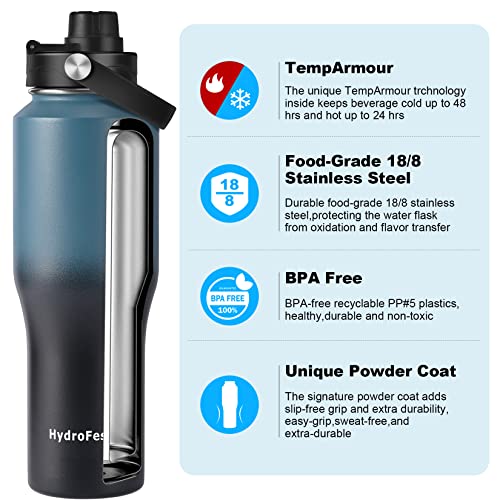 HydroFest 32 oz Insulated Water Bottle with Straw Lid,Vacuum Stainless Steel Kids Water Bottle for School, Double Wall Wide Mouth Leak Proof Travel Reusable Water Bottles BPA Free, Blue Black Gradient