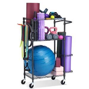 fhxzh home gym storage rack, workout/exercise equipment storage organizer with hooks and wheels for yoga mat & ball dumbbell kettlebells foam roller resistance bands