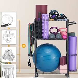 FHXZH Home Gym Storage Rack, Workout/Exercise Equipment Storage Organizer with Hooks and Wheels for Yoga Mat & Ball Dumbbell Kettlebells Foam Roller Resistance Bands