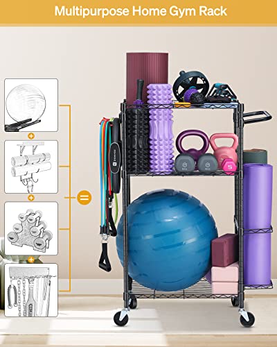 FHXZH Home Gym Storage Rack, Workout/Exercise Equipment Storage Organizer with Hooks and Wheels for Yoga Mat & Ball Dumbbell Kettlebells Foam Roller Resistance Bands