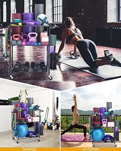 FHXZH Home Gym Storage Rack, Workout/Exercise Equipment Storage Organizer with Hooks and Wheels for Yoga Mat & Ball Dumbbell Kettlebells Foam Roller Resistance Bands