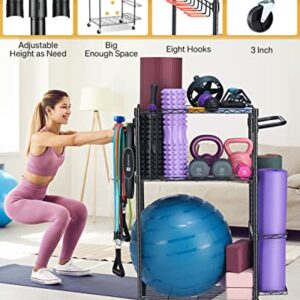 FHXZH Home Gym Storage Rack, Workout/Exercise Equipment Storage Organizer with Hooks and Wheels for Yoga Mat & Ball Dumbbell Kettlebells Foam Roller Resistance Bands