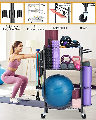 FHXZH Home Gym Storage Rack, Workout/Exercise Equipment Storage Organizer with Hooks and Wheels for Yoga Mat & Ball Dumbbell Kettlebells Foam Roller Resistance Bands