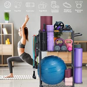 FHXZH Home Gym Storage Rack, Workout/Exercise Equipment Storage Organizer with Hooks and Wheels for Yoga Mat & Ball Dumbbell Kettlebells Foam Roller Resistance Bands