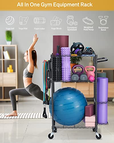 FHXZH Home Gym Storage Rack, Workout/Exercise Equipment Storage Organizer with Hooks and Wheels for Yoga Mat & Ball Dumbbell Kettlebells Foam Roller Resistance Bands