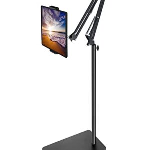 Tablet Floor Stand with Double Weight Base, Overhead Bed Phone Mount Height Adjustable Arm Stretchable Stand Holder, Compatible with iPad Mini Air Pro, Galaxy Tab, Kindle, Switch, Cell Phones-Black