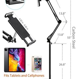 Tablet Floor Stand with Double Weight Base, Overhead Bed Phone Mount Height Adjustable Arm Stretchable Stand Holder, Compatible with iPad Mini Air Pro, Galaxy Tab, Kindle, Switch, Cell Phones-Black