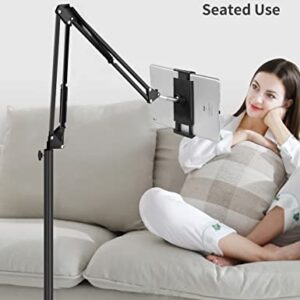 Tablet Floor Stand with Double Weight Base, Overhead Bed Phone Mount Height Adjustable Arm Stretchable Stand Holder, Compatible with iPad Mini Air Pro, Galaxy Tab, Kindle, Switch, Cell Phones-Black