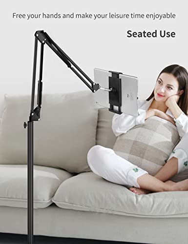 Tablet Floor Stand with Double Weight Base, Overhead Bed Phone Mount Height Adjustable Arm Stretchable Stand Holder, Compatible with iPad Mini Air Pro, Galaxy Tab, Kindle, Switch, Cell Phones-Black